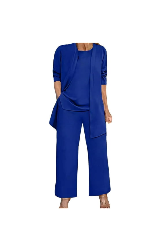 Plus Size Mother of Bride Pant Suits 3 Piece Chiffon Sets Sleeveless Top Long Sleeve Cardigan Jacket Wide Leg Pants Ruffle Layer Wedding Guest Formal Outfit