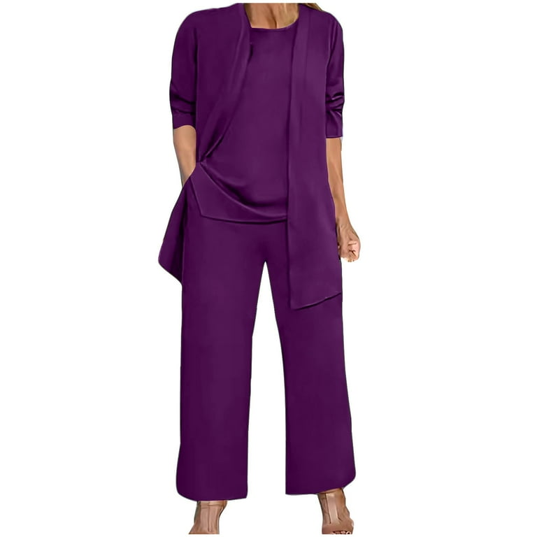 Clearance under 25 qolati Plus Size Mother of Bride Pant Suits 3 Piece Chiffon Sets Sleeveless Top Long Sleeve Cardigan Jacket Wide Leg Pants Ruffle Layer Wedding Guest Formal Outfit Walmart