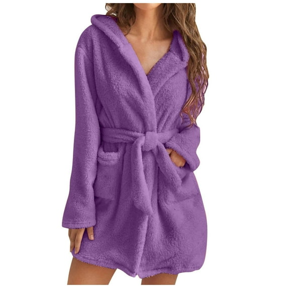qolati Plus Size Robes for Women Fuzzy Plush Sleepwear Bathrobe Winter Warm Sherpa Hooded Shaggys Robe Cozy Loungewear with Pockets