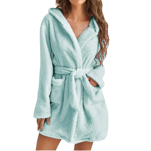 qolati Plus Size Robes for Women Fuzzy Plush Sleepwear Bathrobe Winter Warm Sherpa Hooded Shaggys Robe Cozy Loungewear with Pockets