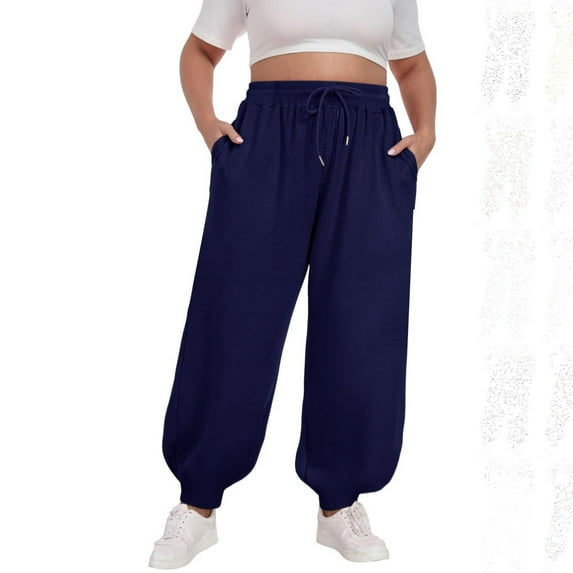 qolati Plus Size Sweatpants Women Fleece Lined Baggy High Waisted Cinch Bottom Joggers with Pockets Drawstring Casual Cute Lounge Workout Sweat Pants Navy XXL