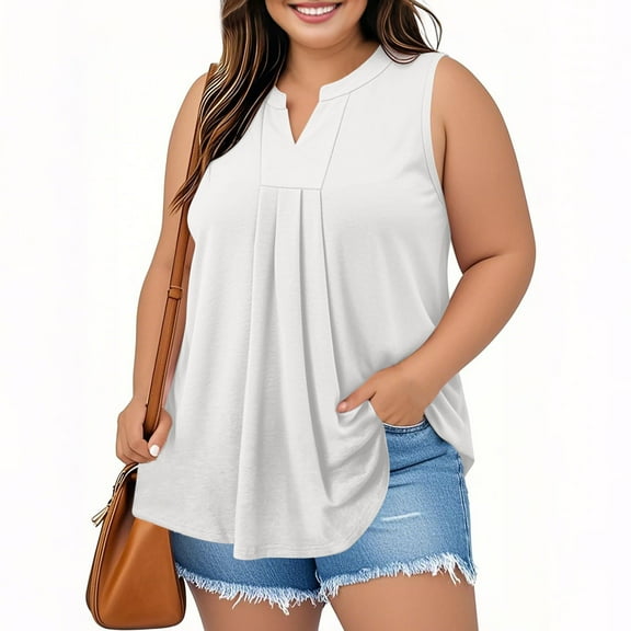 qolati Plus Size Tank Tops for Women Summer Sleeveless Ruched Front V Neck T Shirts Dressy Casual Blouses Curved Hem Flowy Tunic Oversized Clothes