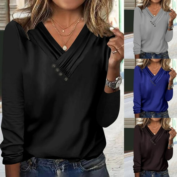qolati Plus Size Tops for Women 2023 Casual Ruched Button V Neck Long Sleeved Tees Shirts Loose Fit Basic Solid Color Dressy Tunic Blouse Fall Clothes