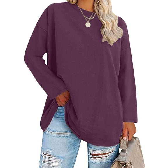 qolati Plus Size Tops for Women Oversized Long Sleeve Crewneck Basic Tshirts Comfy Solid Basic Loose Fit Blouses Tunics