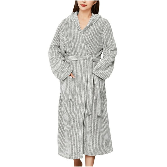 qolati Plush Hooded Bathrobe for Men Women Full Length Soft Flannel Warm Winter Robes Fuzzy Fleece Striped Print House Robe Nightgowns with Pockets