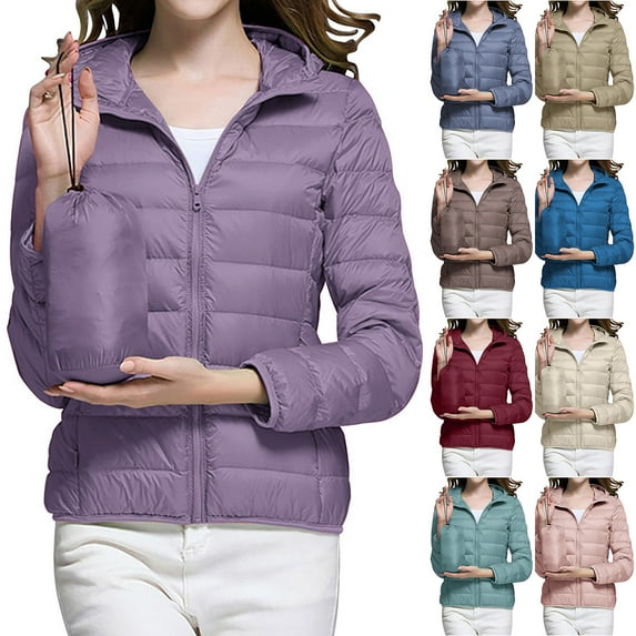 qolati Puffer Jacket Women with Hood Lightweight Full Zip Winter Coat Warm Cropped Outwear Packable Quilted Down Jackets Wine L