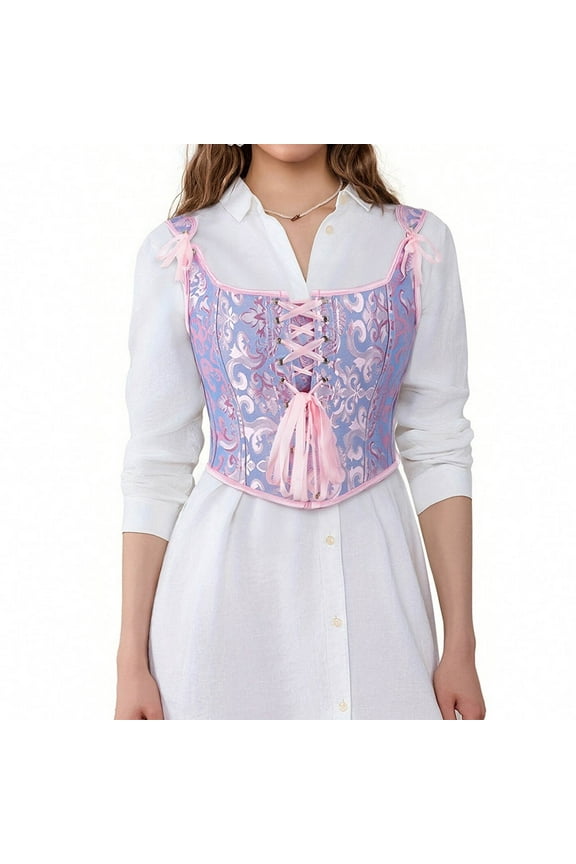 Push Up Corset Top for Women Lace-Up Shoulder Strap Victorian Bustier Tops Steampunk Renaissance Vest Overbust Corsets Pink XL