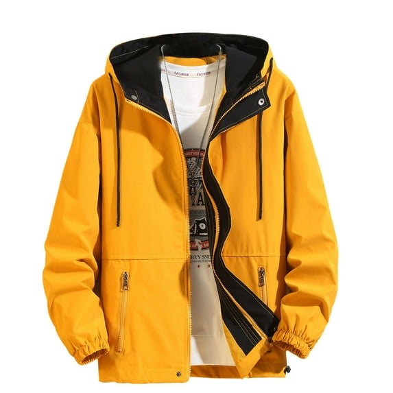 qolati Rain Jacket Men Color Block Hood Outdoor Lightweight Full Zip Long Sleeve Rain Softshell Coat Waterproofs Windproof Hiking Winter Coats with Pockets