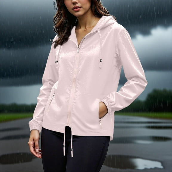 qolati Rain Jacket Women Waterproof Windbreaker Jackets Portable Rain Coat with Hood Packable Hiking Travel Pockets Raincoats