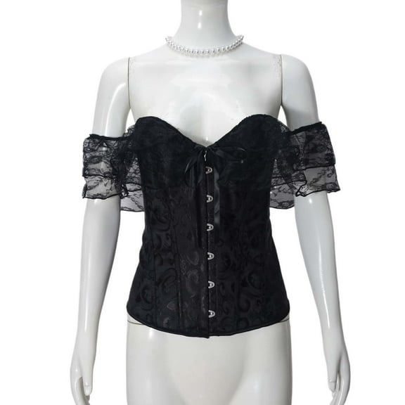 qolati Renaissance Corset Top for Women Front Buckle Off Shoulder Lace Sleeve Corsets Shaping Bustier Top Victorian Corsets Bustier Lace Up Cropped Tank Black L