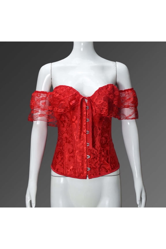 Renaissance Corset Top for Women Front Buckle Off Shoulder Lace Sleeve Corsets Shaping Bustier Top Victorian Corsets Bustier Lace Up Cropped Tank Red L
