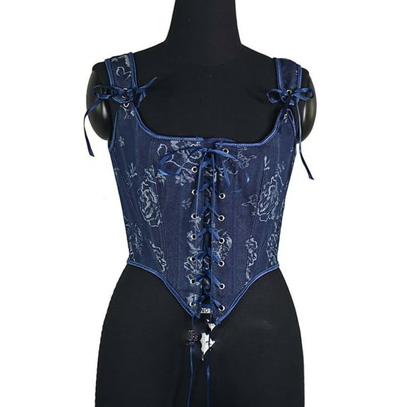 qolati Renaissance Corset Tops for Women Vintage Lace Up Overbust Floral Bustier Bodice Medieval Gothic Boned Bodyshaper Blue M