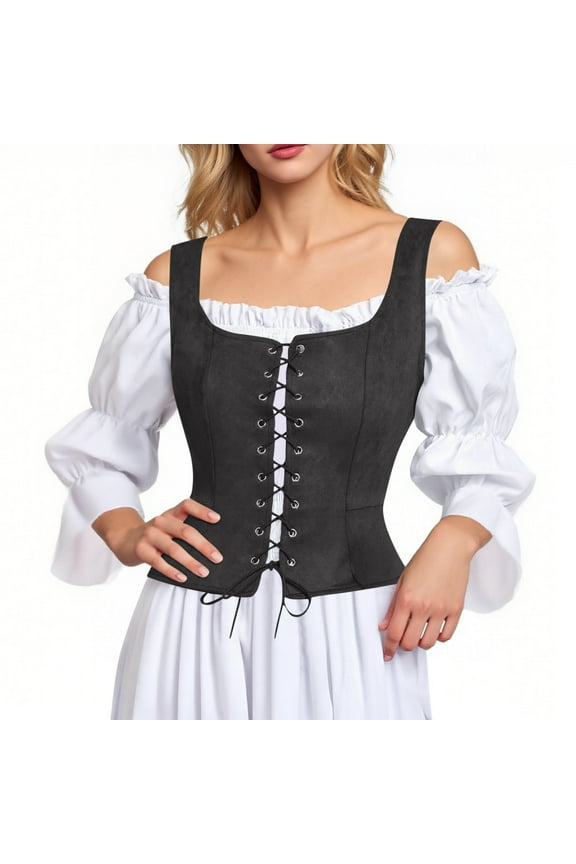 Renaissance Corset Tops for Women Vintage Medieval Lace Up Overbust Vest Victorian Sleeveless Bodice Bustiers Bodyshaper Tops Black M