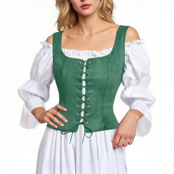 qolati Renaissance Corset Tops for Women Vintage Medieval Lace Up Overbust Vest Victorian Sleeveless Bodice Bustiers Bodyshaper Tops Green XL
