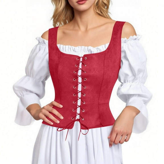 qolati Renaissance Corset Tops for Women Vintage Medieval Lace Up Overbust Vest Victorian Sleeveless Bodice Bustiers Bodyshaper Tops Red M