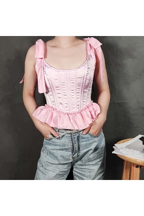 Renaissance Crop Tops for Womens Medieval Lace Up Shoulder Gothic Steampunk Tank Top Vintasge Halloween Ruffle Hem Halloween Cincher Bodysuits Party Clubwear Pink XXXL