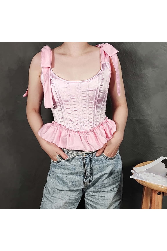 Renaissance Crop Tops for Womens Medieval Lace Up Shoulder Gothic Steampunk Tank Top Vintasge Halloween Ruffle Hem Halloween Cincher Bodysuits Party Clubwear Pink XL