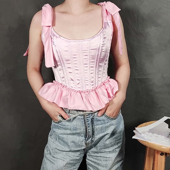qolati Renaissance Crop Tops for Womens Medieval Lace Up Shoulder Gothic Steampunk Tank Top Vintasge Halloween Ruffle Hem Halloween Cincher Bodysuits Party Clubwear Pink L