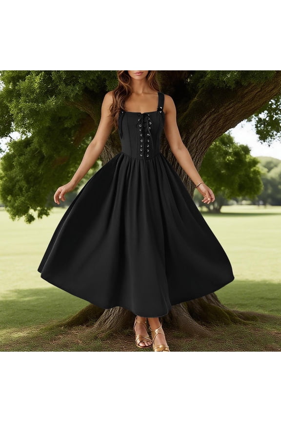 Renaissance Dress Women Lace Up Cottagecore Sleeveless Long Dress Vintage Corset High Waisted Flowy Victorian Medieval Halloween Dresses Black M