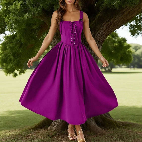 qolati Renaissance Dress Women Lace Up Cottagecore Sleeveless Long Dress Vintage Corset High Waisted Flowy Victorian Medieval Halloween Dresses Hot Pink XL