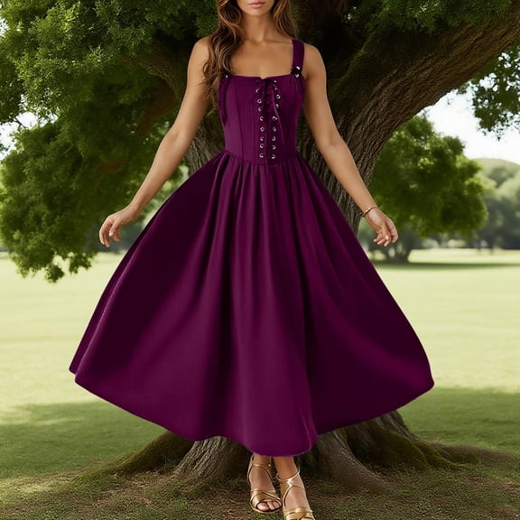 qolati Renaissance Dress Women Lace Up Cottagecore Sleeveless Long Dress Vintage Corset High Waisted Flowy Victorian Medieval Halloween Dresses Purple L