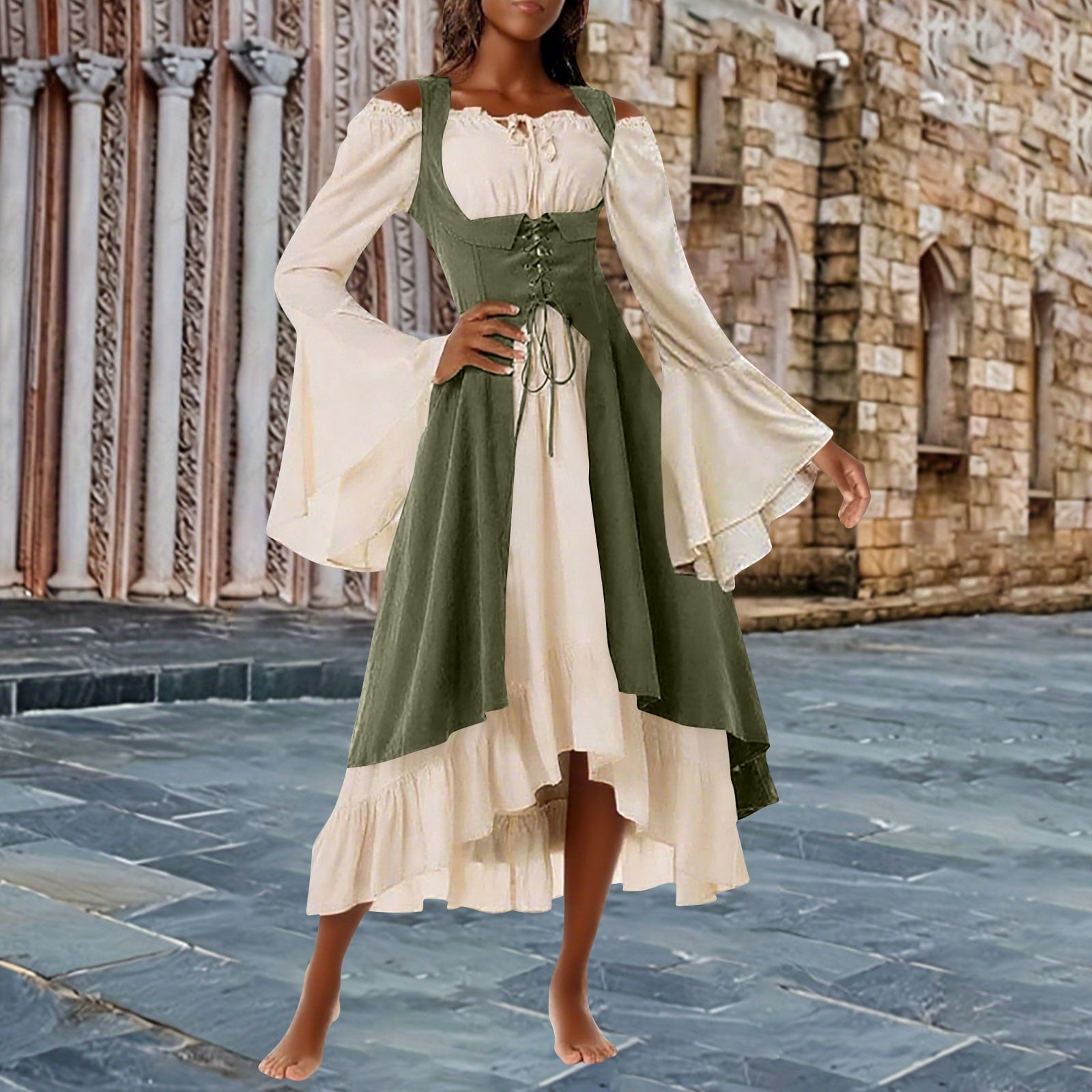 irish green dress Qolati Renaissance for Women Cold shoulder Lace Up Corset Medieval Dress Vintage Color Block High Low Ruffle Halloween Dresses XL Sleeve_3/4 Sleeve