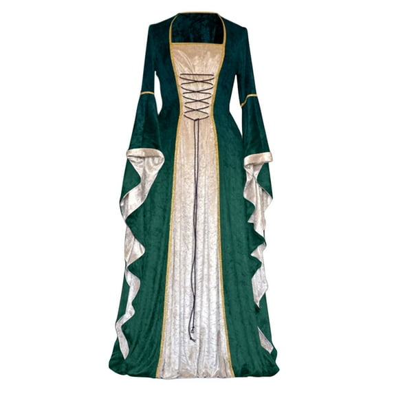 qolati Renaissance Dresses for Women Velvet Ruffle Flare Sleeve Lace Up Irish Over Long Dress Evening Party Ball Gown Vintage Pleated Halloween Medieval Dress Green M