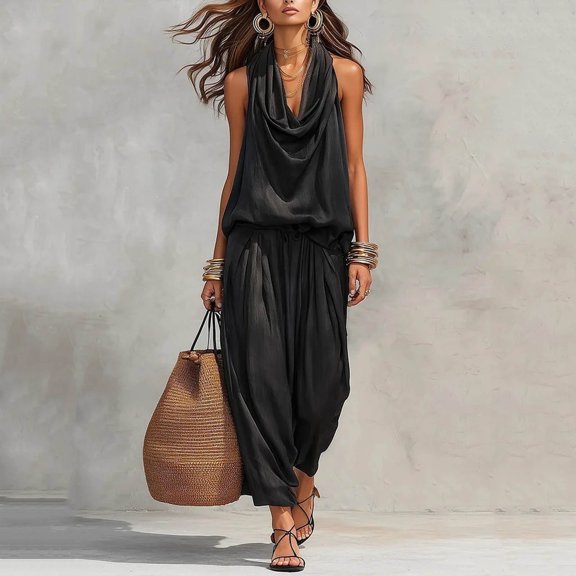 qolati Resort Sets for Women 2 Piece Summer Outfits Sleeveless Ruched Halter Neck Top Barrel Leg Pants Travel Vacation Matching Lounge Set Black S
