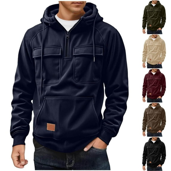 qolati Ribbed Corduroy Hoodies for Men Stylish Quater Zip Pullover Tops Vintage Sweatshirt Casual Long Sleeve Cargo Hoodies with Pockets Coffee S