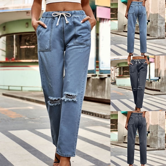 qolati Ripped Distresse Jeans for Women Stretch High Waisted Wide Leg Trousers Trendy Straight Leg Denim Pants with Pockets