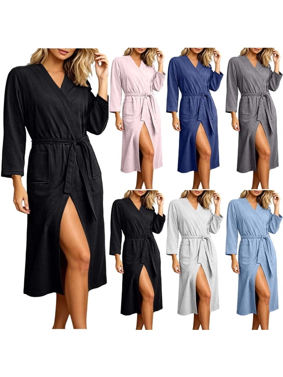 Robes for Women Long Waffle Knit Bathrobe Lightweight Soft Bathrobe House Coats with Pockets, Size, M-2XL