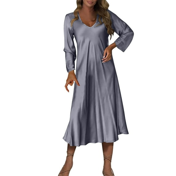 qolati Satin Bridesmaid Dresses for Women Loose Solid Silk V Neck Pleated Maxi Formal Dress Elegant Long Sleeve Flowy A Line Cocktail Wedding Dresses