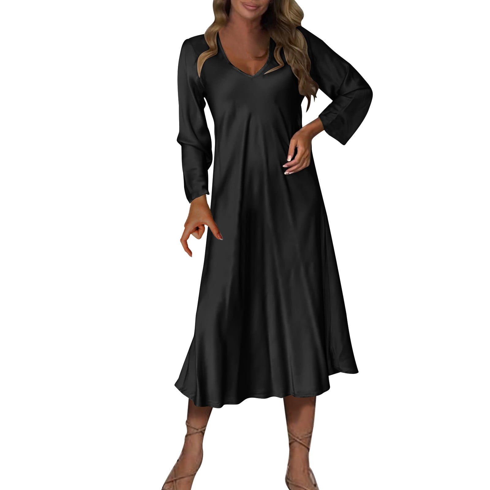 qolati Satin Bridesmaid Dresses for Women Loose Solid Silk V Neck Pleated  Maxi Formal Dress Elegant Long Sleeve Flowy A Line Cocktail Wedding Dresses  - Walmart.com