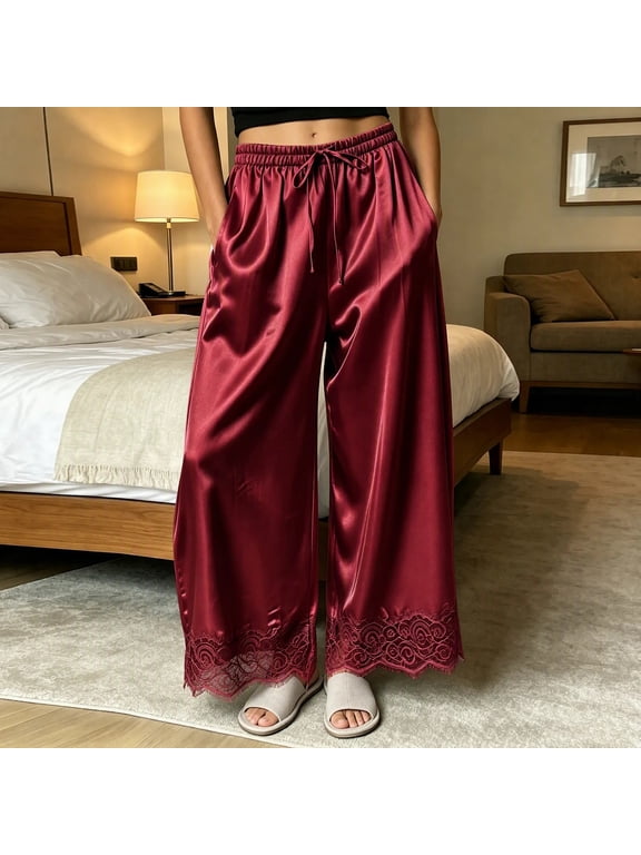 Satin Pajama Pants for Women Elegant Vintage Wide Leg Lace Trim Sleep Pants Comfy Drawstring Elastic Waist Silk Lounge Bottoms for Sleepwear, Home, Travel, Beach Vacation, Size S-2XL
