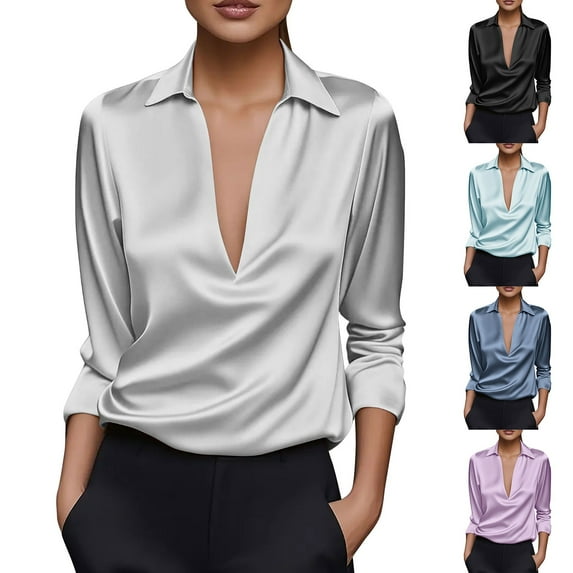 qolati Satin Tops for Women Elegant V Neck Silk Blouse Long Sleeves Casual Business Dressy Shirts Office Work Ladies Top