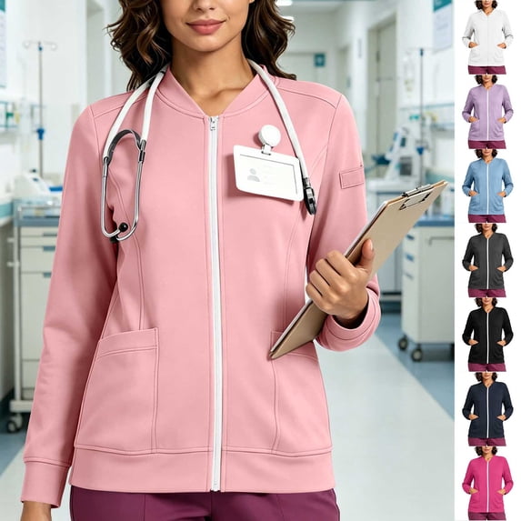 qolati Scrub Jackets for Women Comfy Full Zip Bomber Jacket Lightweight Fleece Lined Workout Sweatshirts Stretch Medicals Uniform Nurse Coats with Pockets Pink L