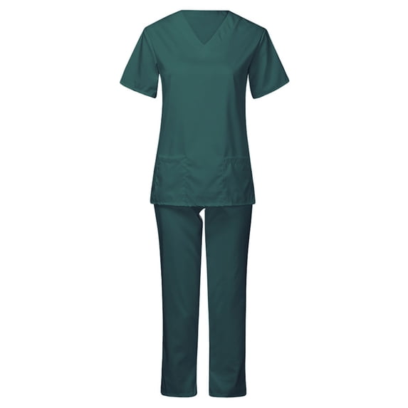 qolati Scrub Set for Women Joggers V-Neck Pocket Top Uniforms Athletic Stretch 2 Piece Set Workwear Elastic Waistband Straight Wide Legs Pants