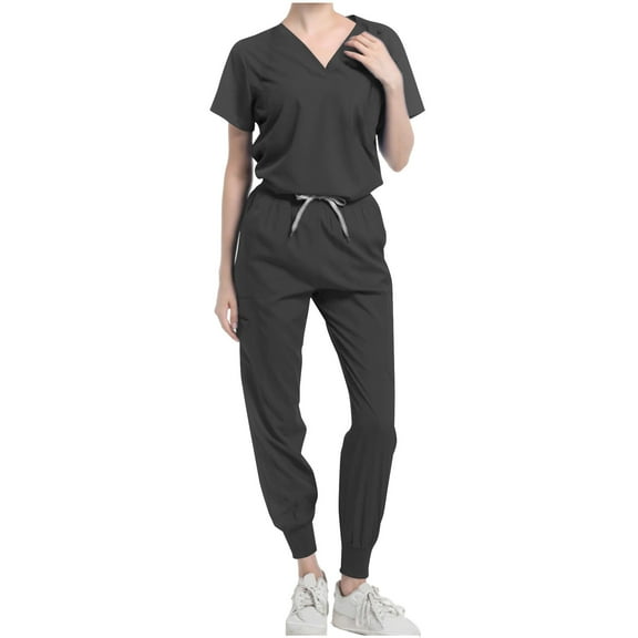 qolati Scrub Sets for woman 2024 Essential Jogger Suits Nursing Uniform Stretch V-Neck Top and Drawstring Cargo Pants Workwear with Pockets Black L 8