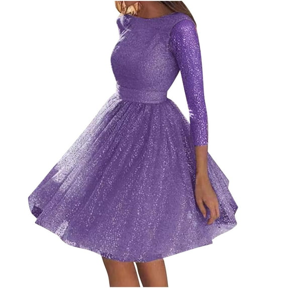 qolati Sequin Dresses for Women Crew Neck Mesh Long Sleeve Pleated Flowy A Line Dress Trendy Cocktail Party Midi Dresses