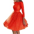 thumbnail image 1 of qolati Sequin Dresses for Women Crew Neck Mesh Long Sleeve Pleated Flowy A Line Dress Trendy Cocktail Party Midi Dresses, 1 of 5