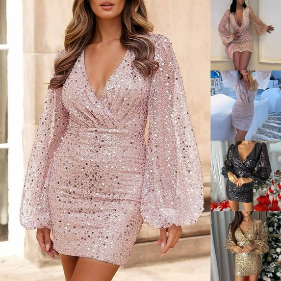 qolati Sequin Glitter Prom Dresses for Women 2023 Sexy Deep V Neck Ruched Bodycon Mini Dress Elegant Puffy Long Sleeve Cocktail Party Dress