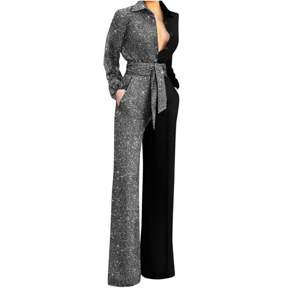 qolati Sequin Jumpsuits for Women Sexy Deep V Long Sleeve Button Down Rompers Elegant Clubwear Sparkly High Waisted Wide Leg Pant Night Outfits