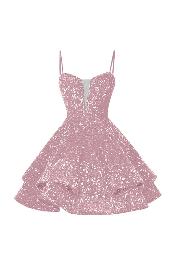 Sequin Short Homecoming Dress for Teen Sparkly Prom Mini Dresses Spaghetti Straps Sleeveless Pleated Party Cocktail Gowns