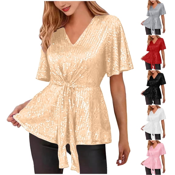 qolati Sequin Tops for Women Party Night Elegant Glitter Sparkly V Neck Tie Front Short Bell Sleeve Shirts Peplum Top Spring BlousesBlackL
