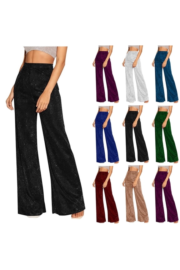 Sequin Wide Leg Pants Women Vintage High Waist Palazzo Lounge Pant Stretchy Glitter Sparkly Classic Fitted Shiny PantsSilverXXL