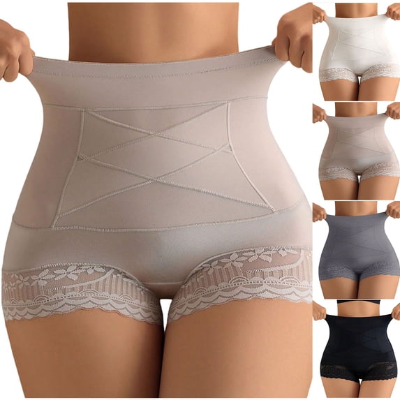 qolati Shapewear Panties for Women Lace Trim Butt Lifter High Waisted Body Shaper Underwear Seamless Shapewear Panty Girdle Beige L