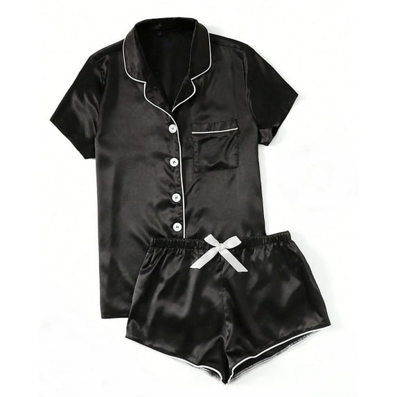 qolati Silk Pajamas Sets for Womens Short Sleeve Sleepwear Soft Satin Button Down Loungewear 2 Piece Pjs Shorts Set