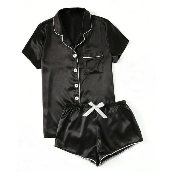 qolati Silk Pajamas Sets for Womens Short Sleeve Sleepwear Soft Satin Button Down Loungewear 2 Piece Pjs Shorts Set