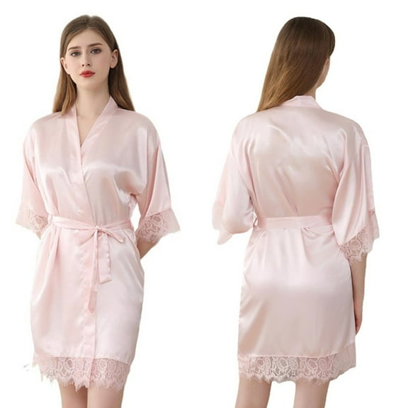 qolati Silk Robes for Women Short Lace Trim Satin Brides Robe 3/4 Sleeve Nightgown Comfy Sleepwear with Pockets