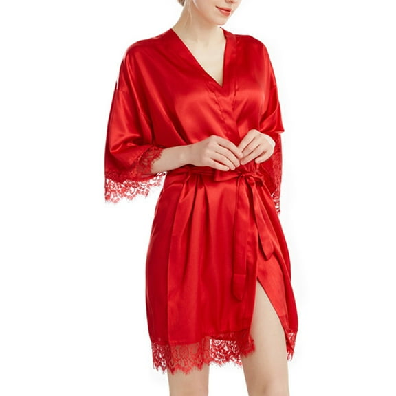 qolati Silk Robes for Women Short Lace Trim Satin Brides Robe 3/4 Sleeve Nightgown Comfy Sleepwear with Pockets